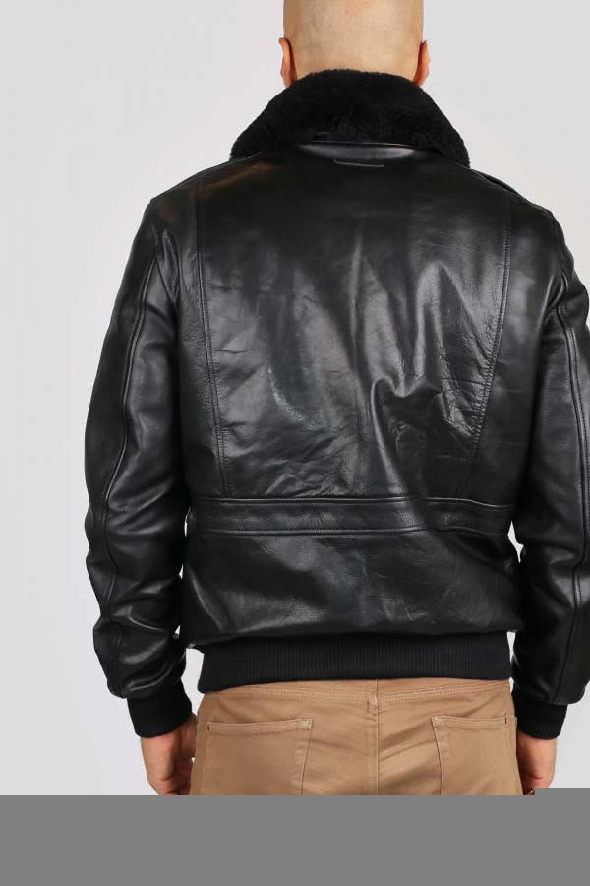 Black leather pilot jacket with fur collar - Image n°4