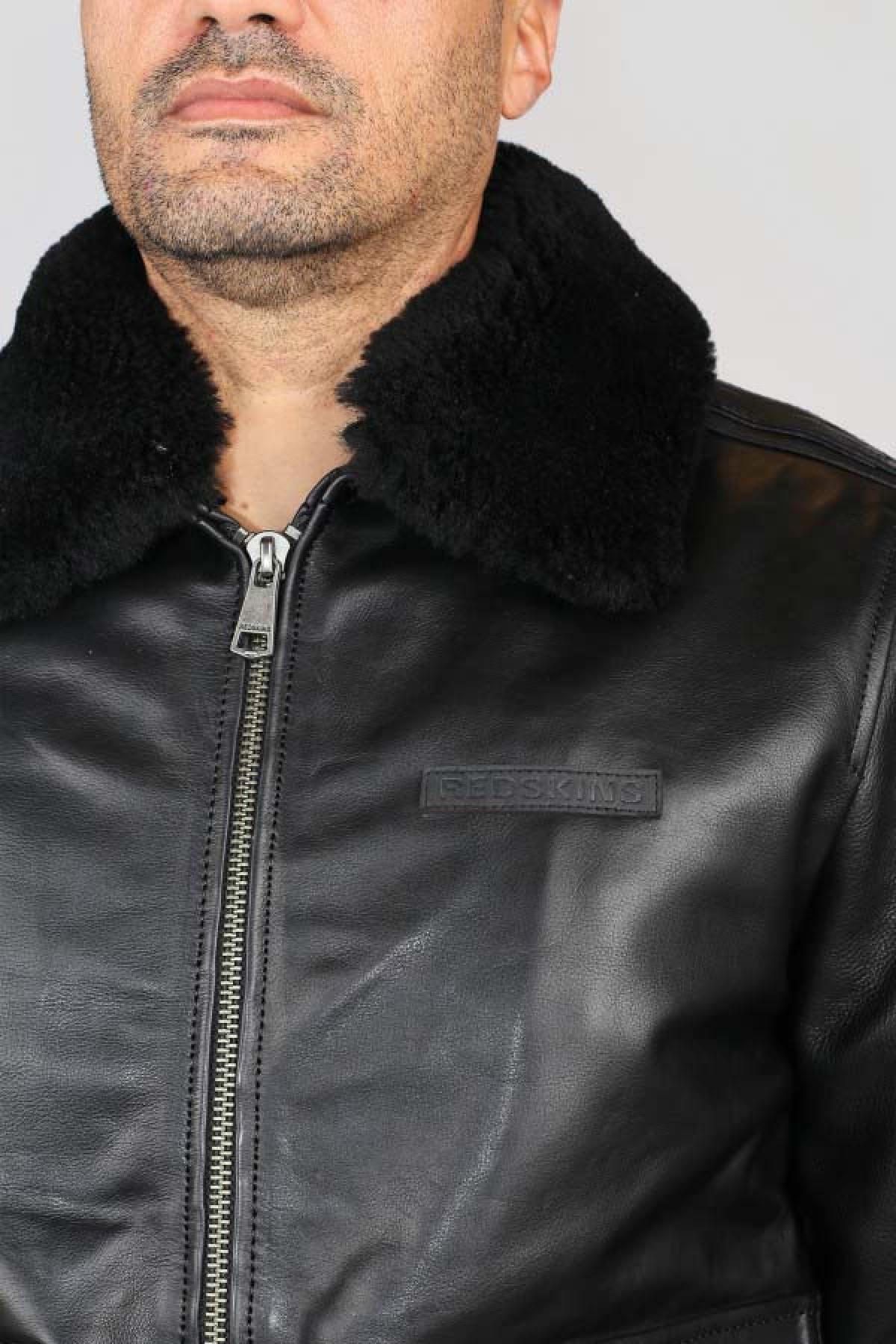 Black leather pilot jacket with fur collar - Image n°5