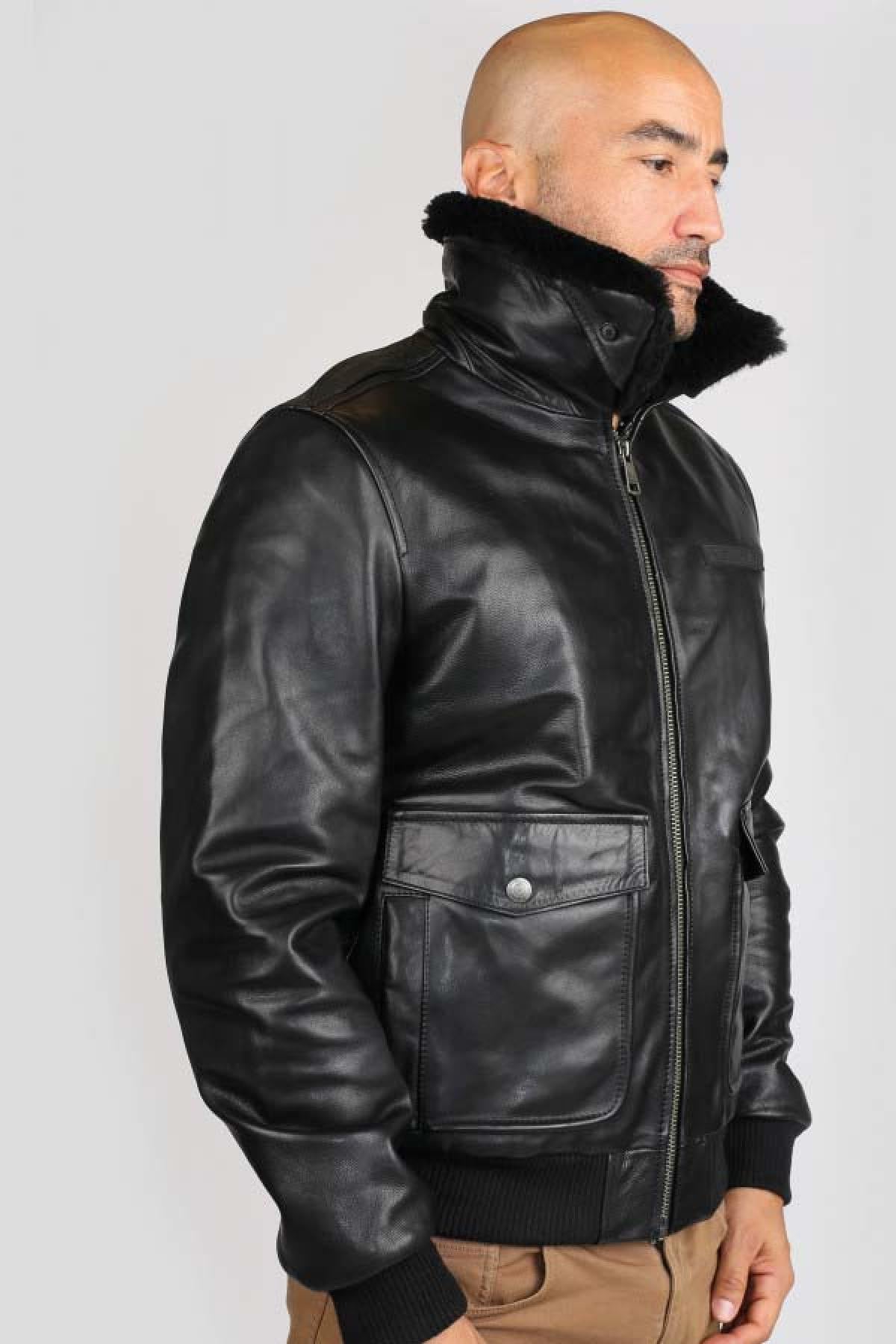 Black leather pilot jacket with fur collar - Image n°2