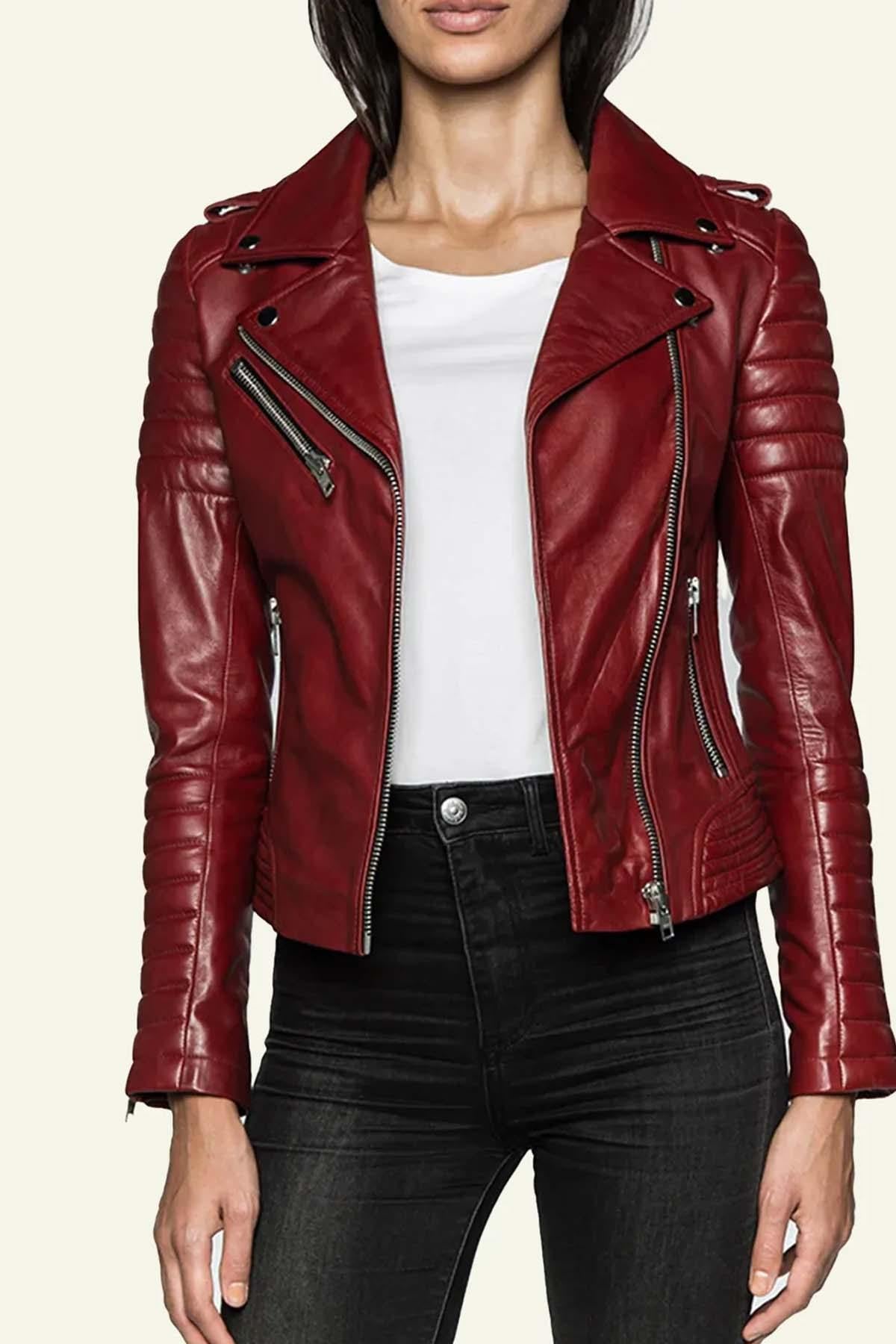 Quilted perfecto style jacket in red leather - Image n°1