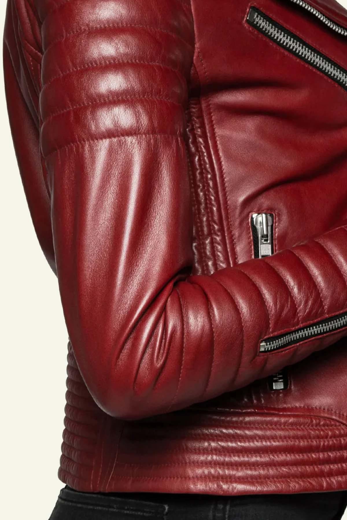 Quilted perfecto style jacket in red leather - Image n°2