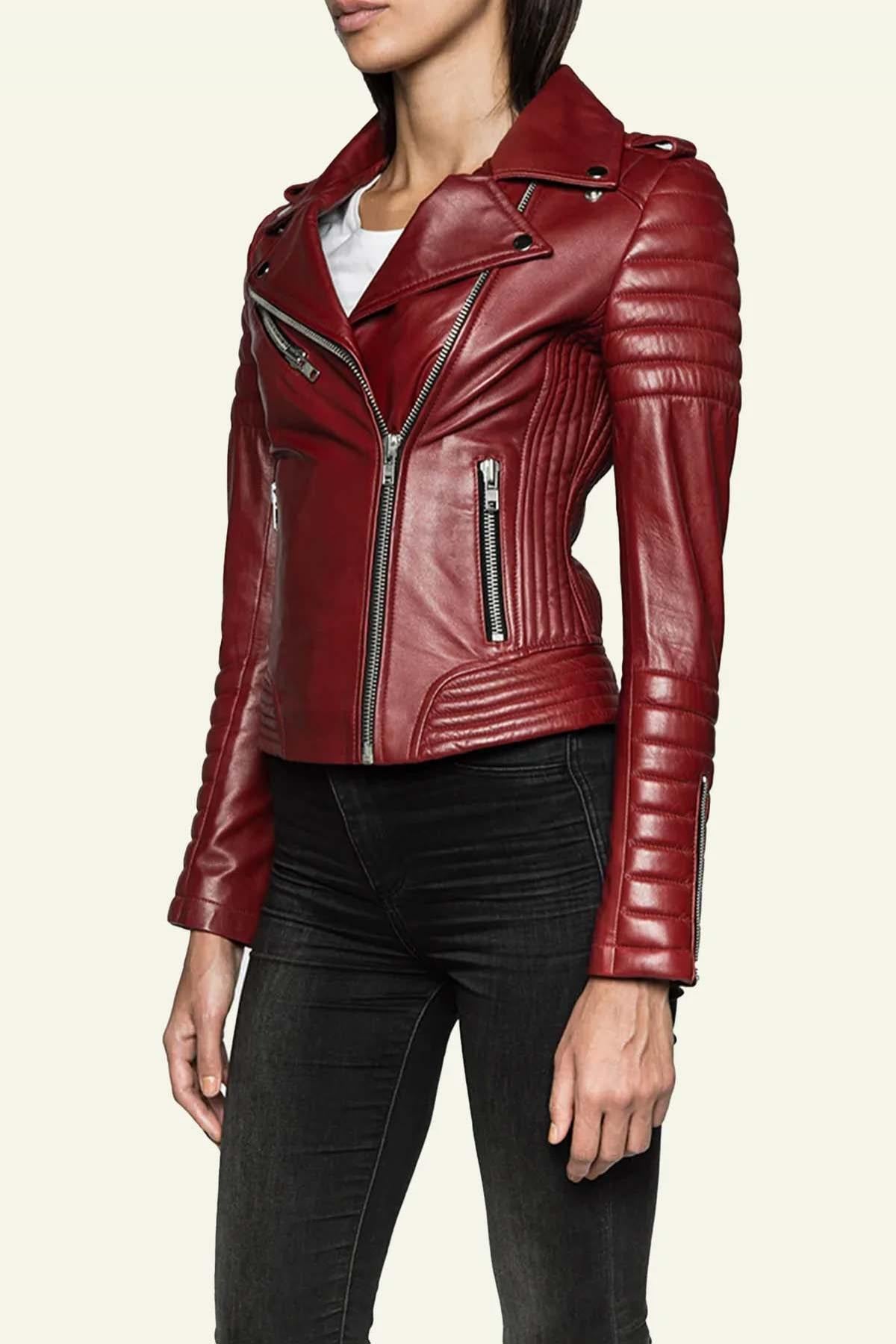 Quilted perfecto style jacket in red leather - Image n°3