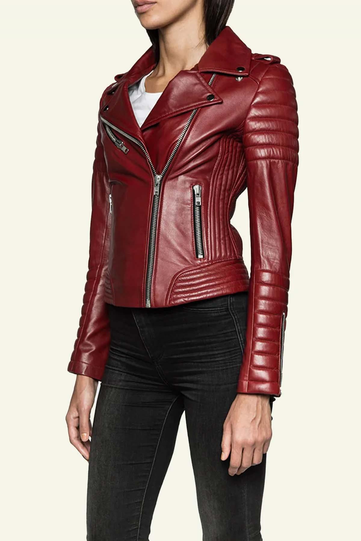 Quilted Biker style jacket in red leather - Image n°3