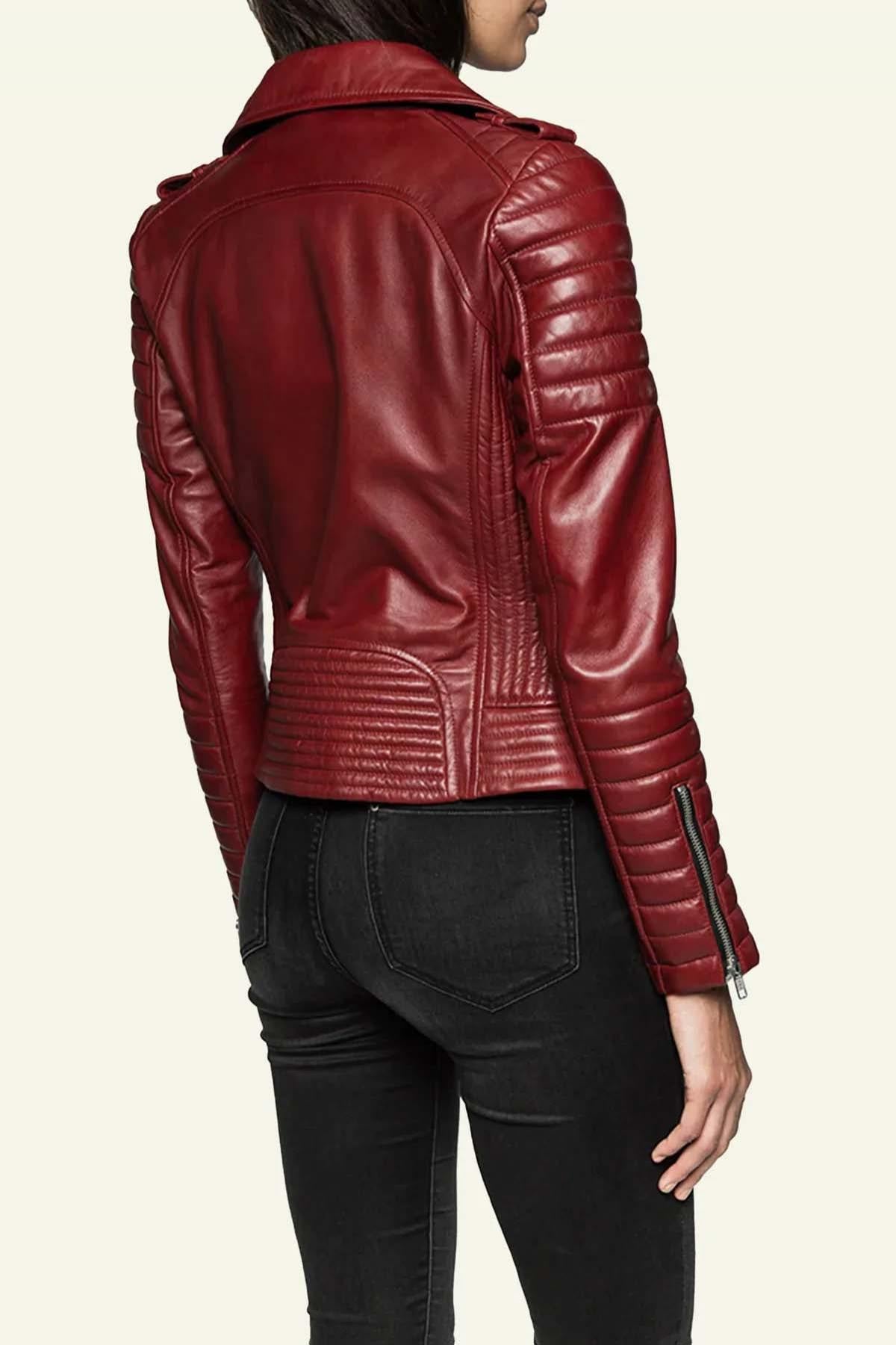 Quilted perfecto style jacket in red leather - Image n°4