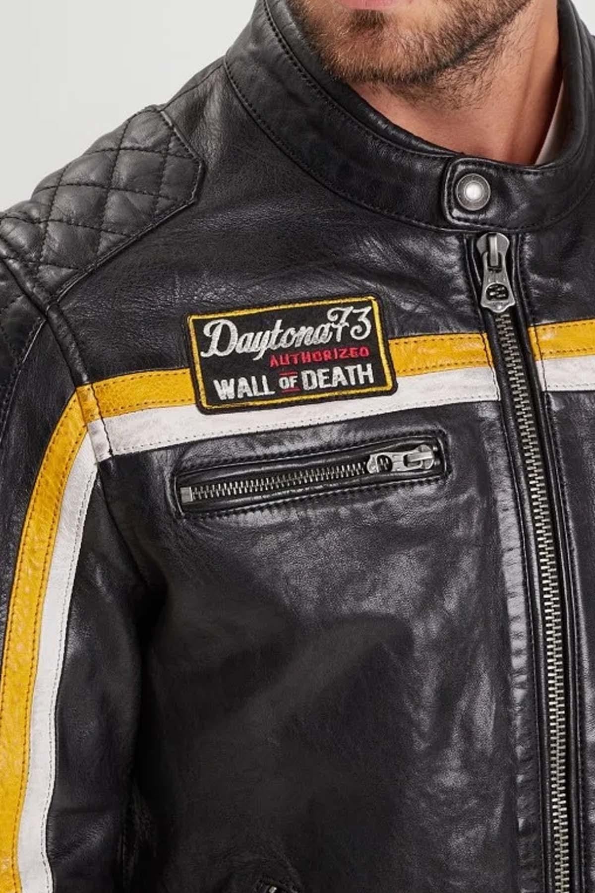 Black and yellow racing lambskin leather jacket - Image n°2