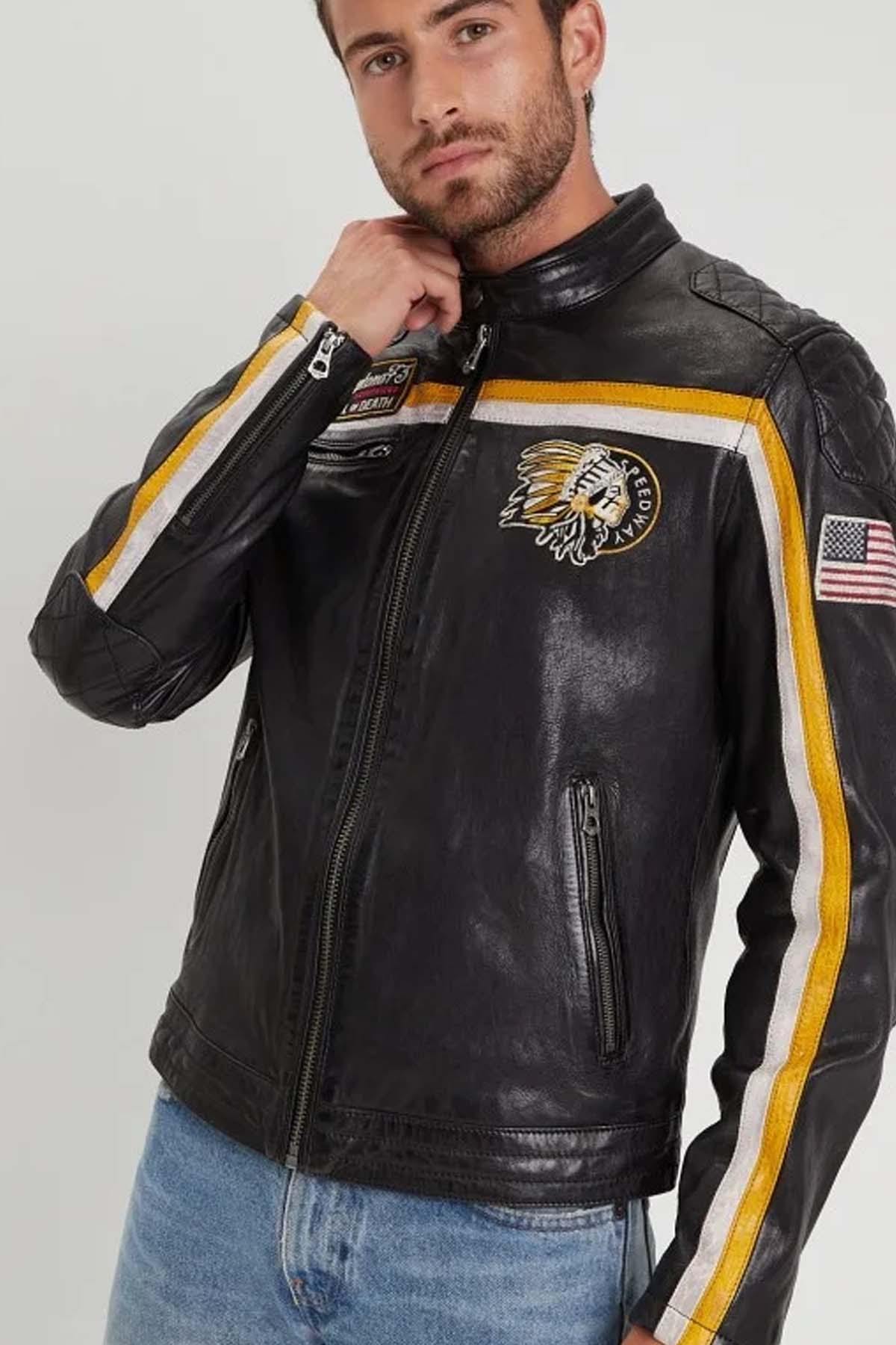 Black and yellow racing lambskin leather jacket - Image n°1