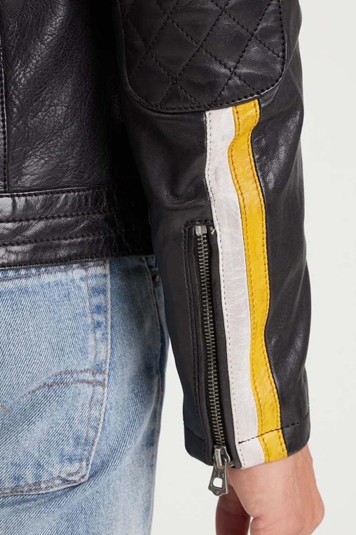 Black and yellow racing lambskin leather jacket - Image n°5