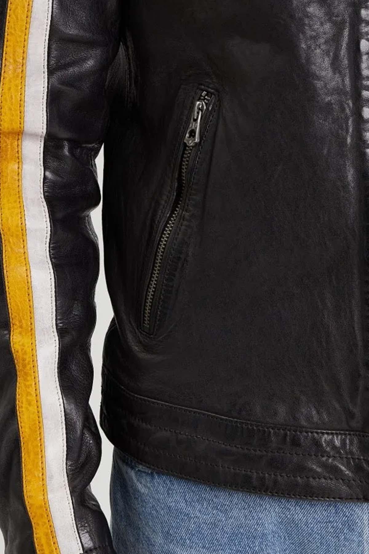 Black and yellow racing lambskin leather jacket - Image n°6