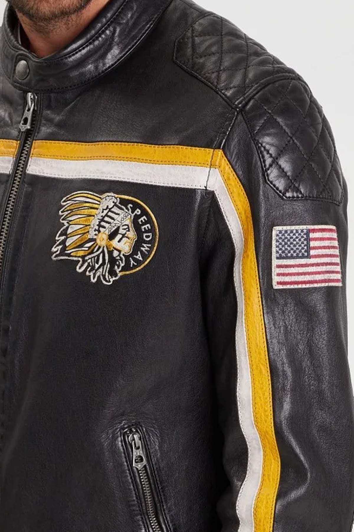 Black and yellow racing lambskin leather jacket - Image n°3