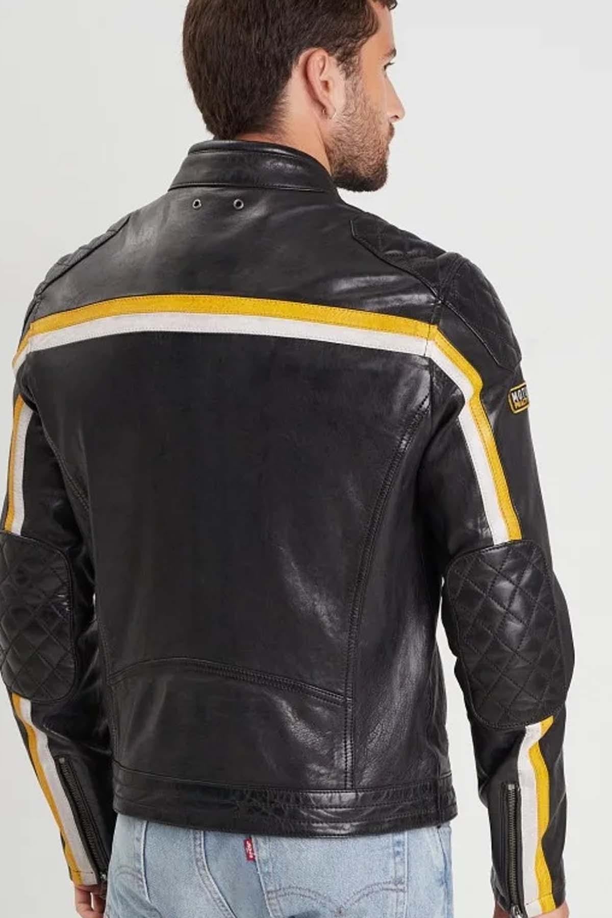 Black and yellow racing lambskin leather jacket - Image n°4