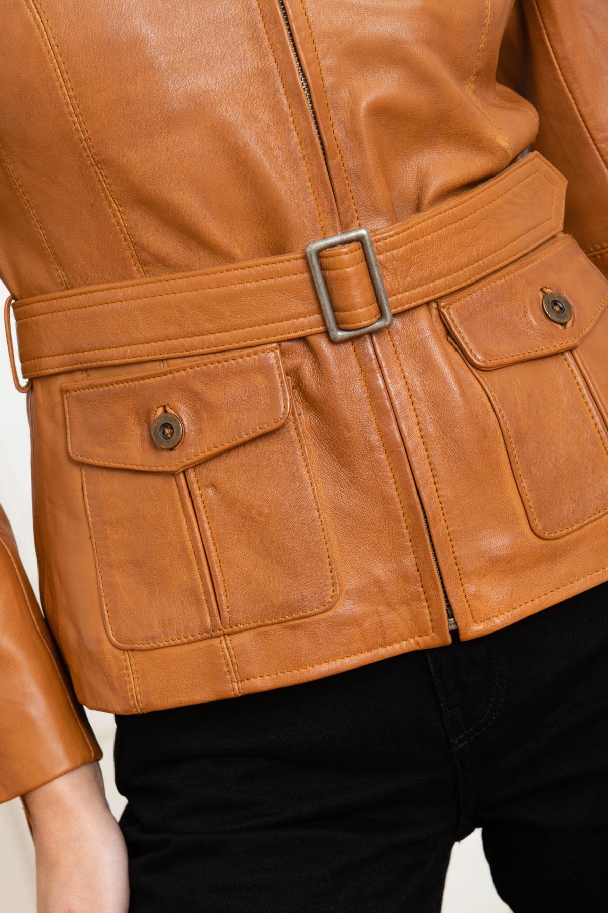 Cognac sheepskin leather bomber jacket - Image n°8