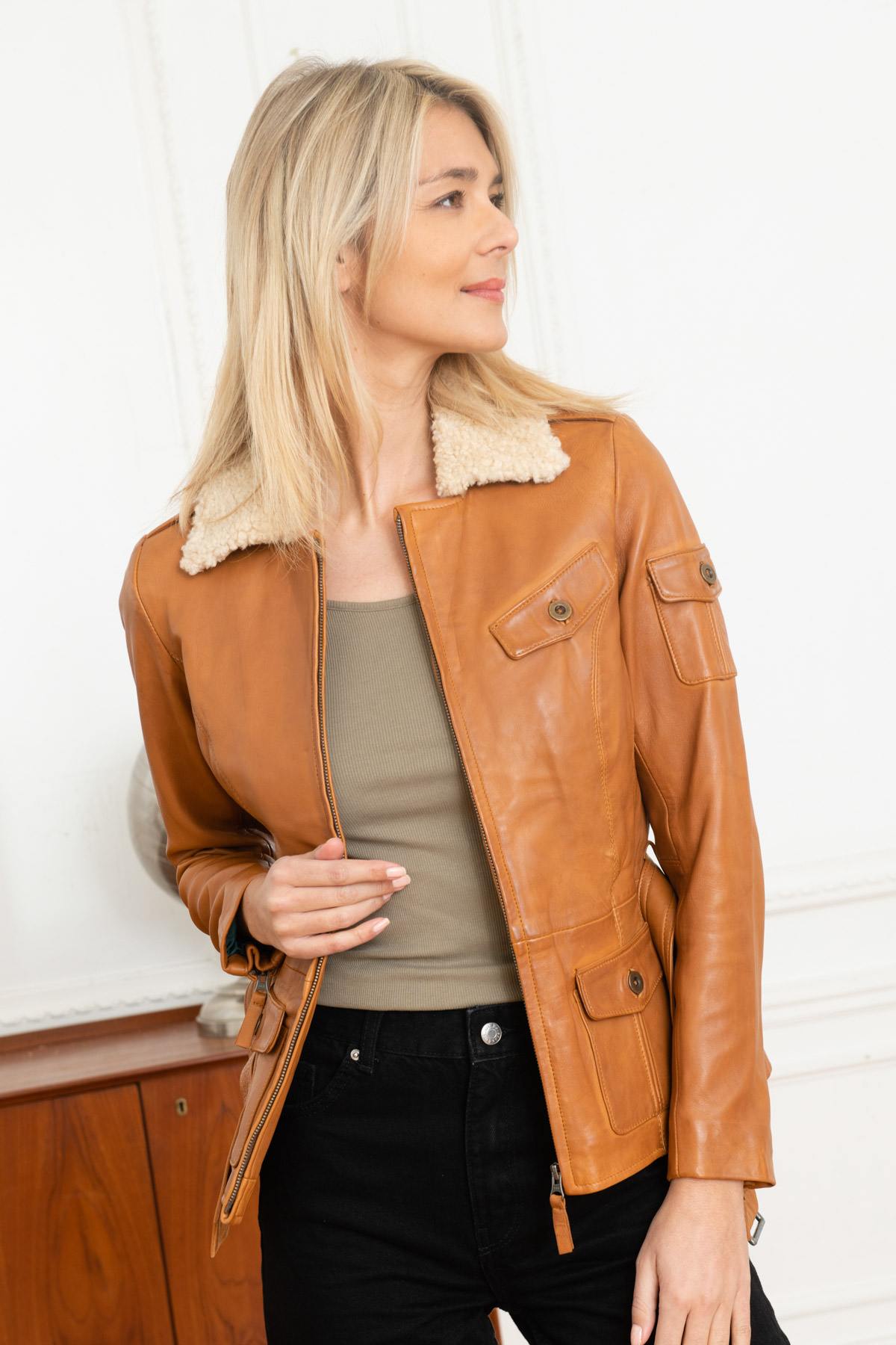 Cognac sheepskin leather bomber jacket - Image n°3