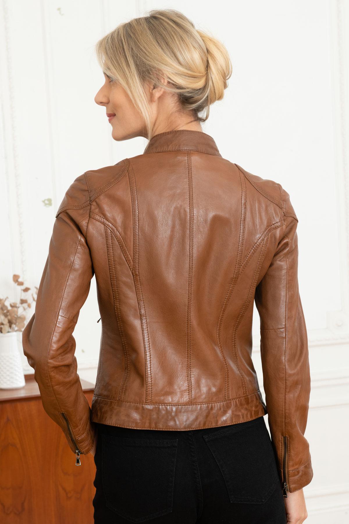 Cognac sheepskin leather biker jacket - Image n°3