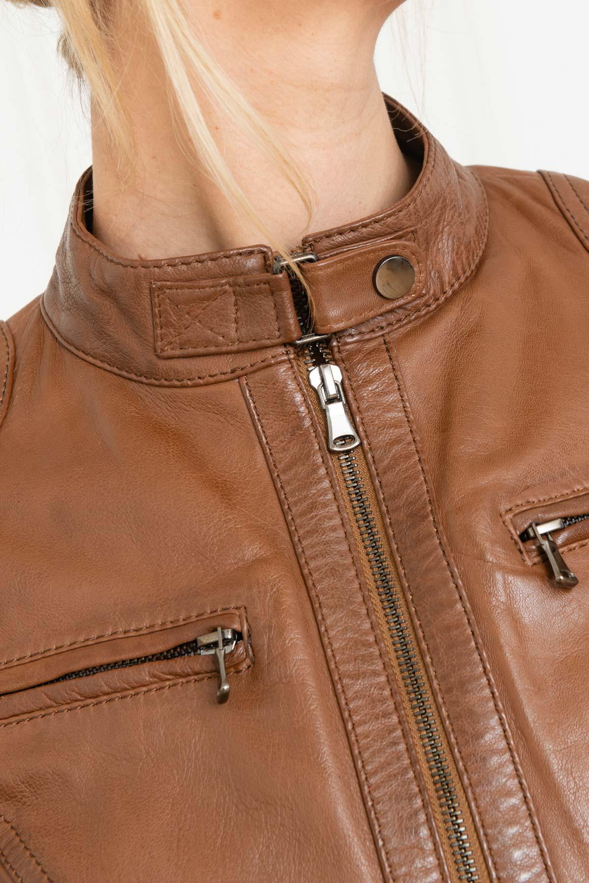 Cognac sheepskin leather biker jacket - Image n°6