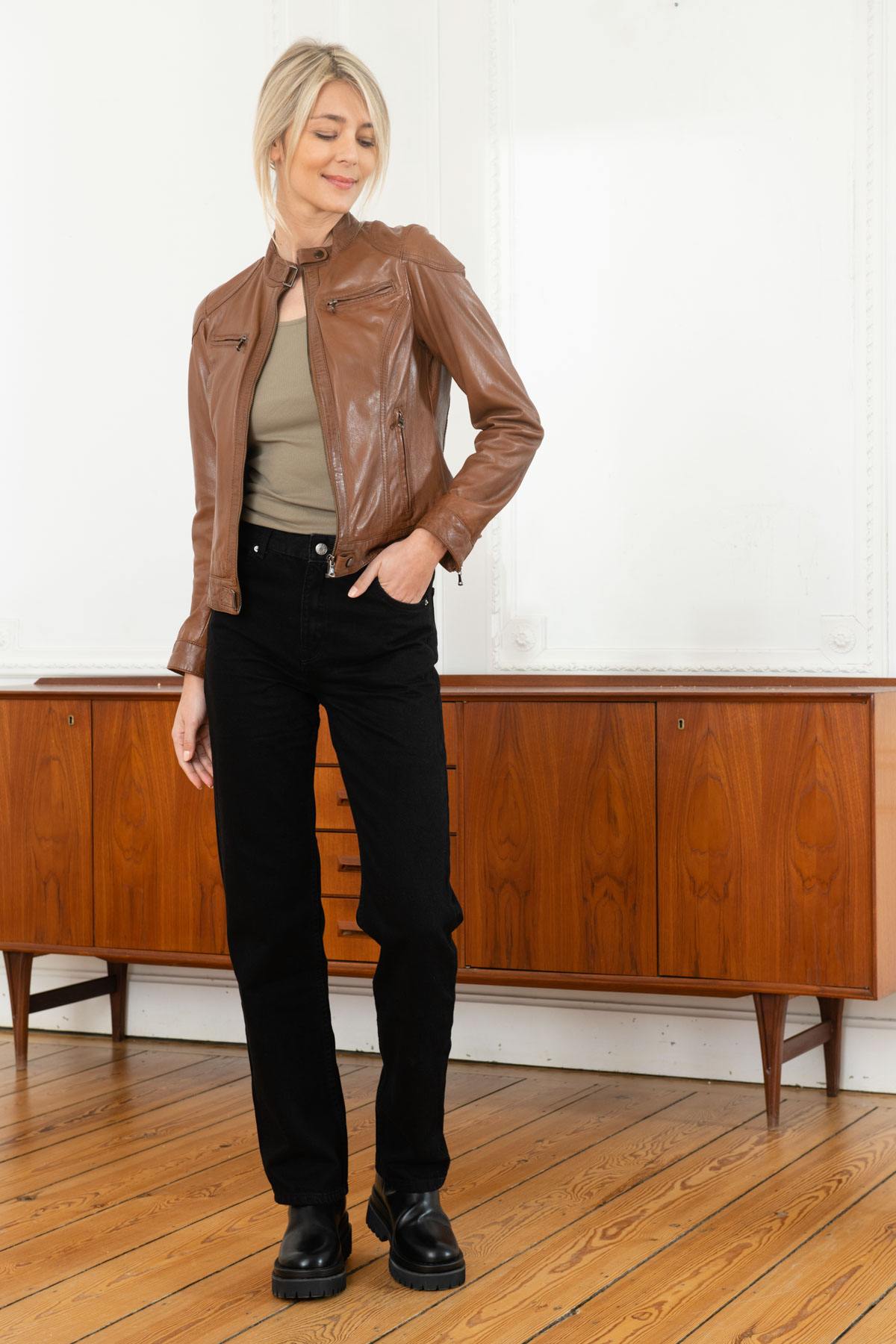 Cognac sheepskin leather biker jacket - Image n°2