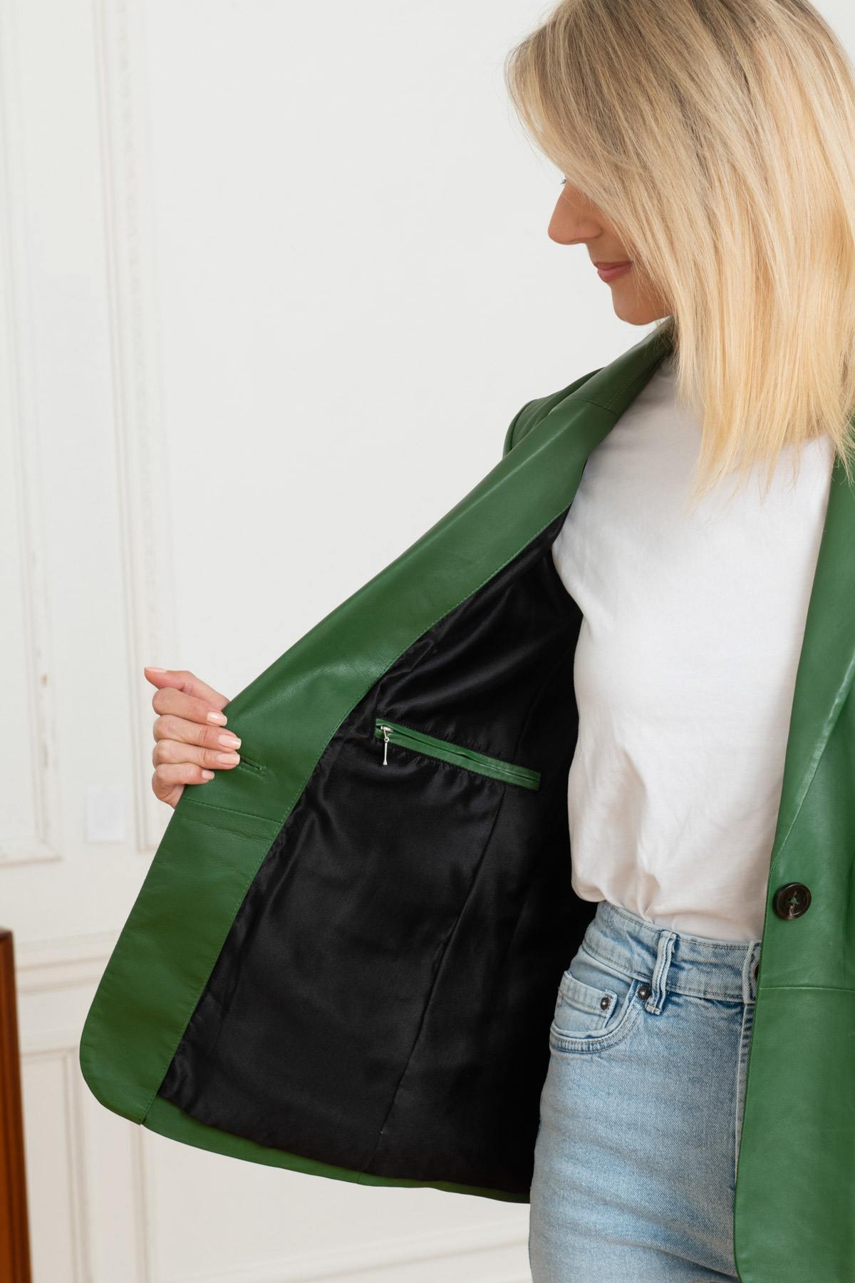 Women's green leather blazer with shirt collar - Image n°4