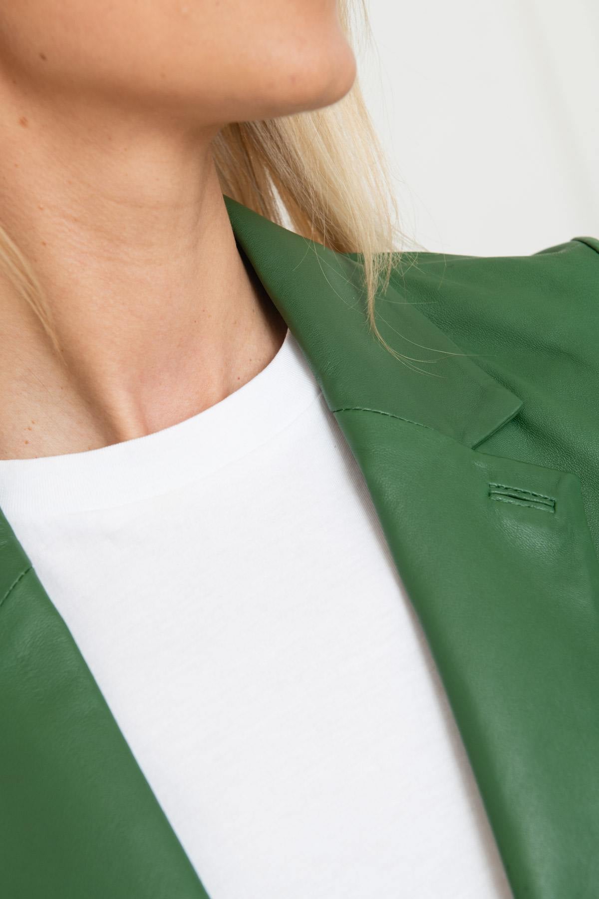 Women's green leather blazer with shirt collar - Image n°8