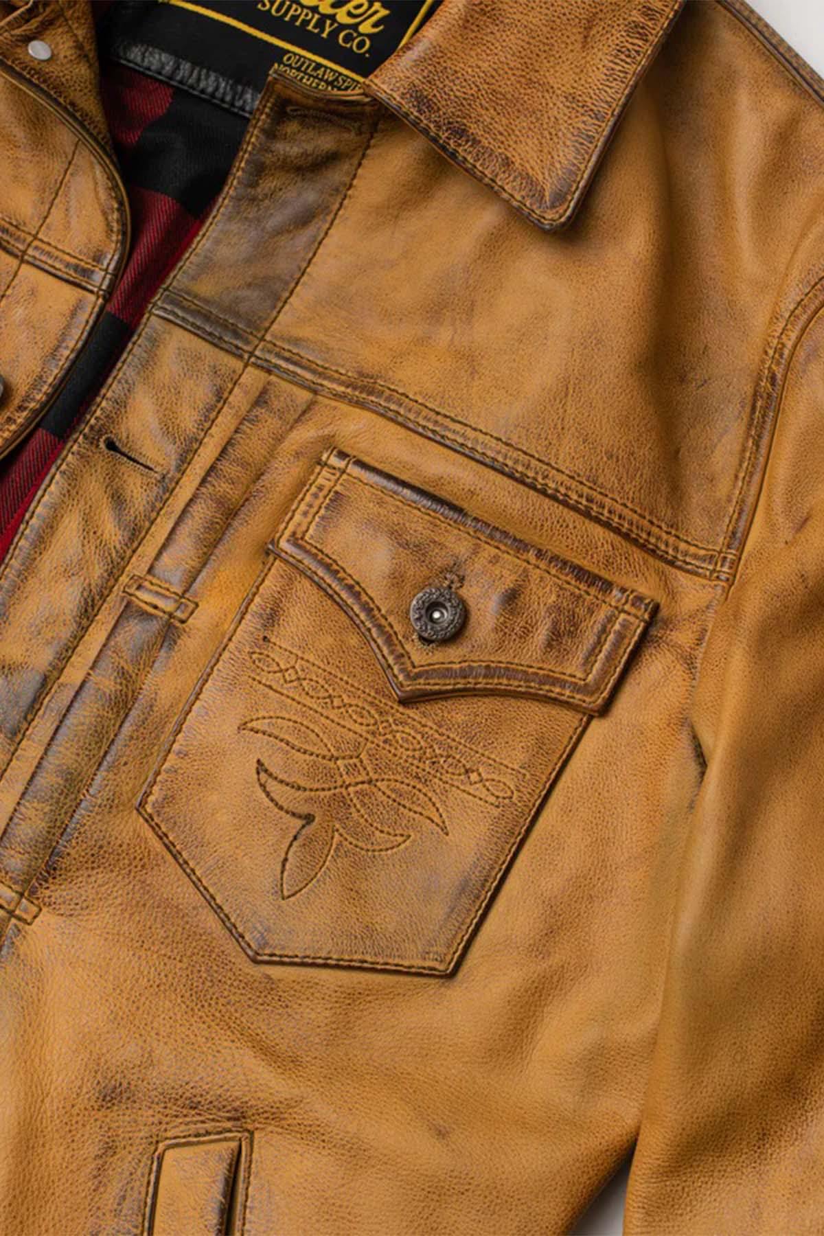 Vintage golden brown leather trucker jacket - Image n°11