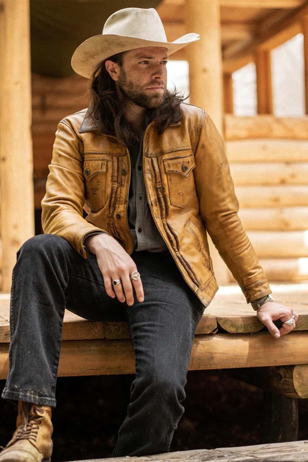 Vintage golden brown leather trucker jacket - Image n°6