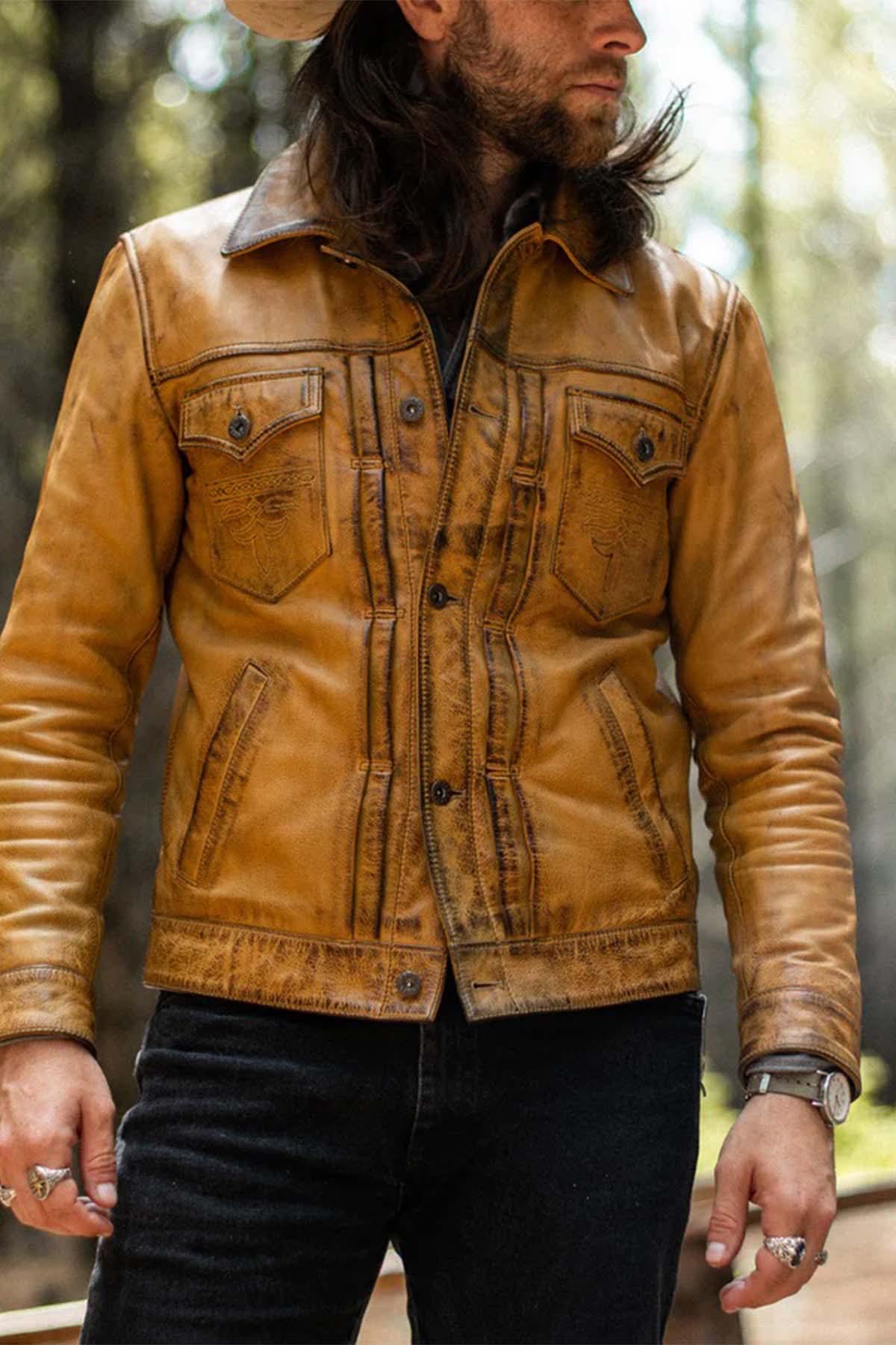 Vintage golden brown leather trucker jacket - Image n°6