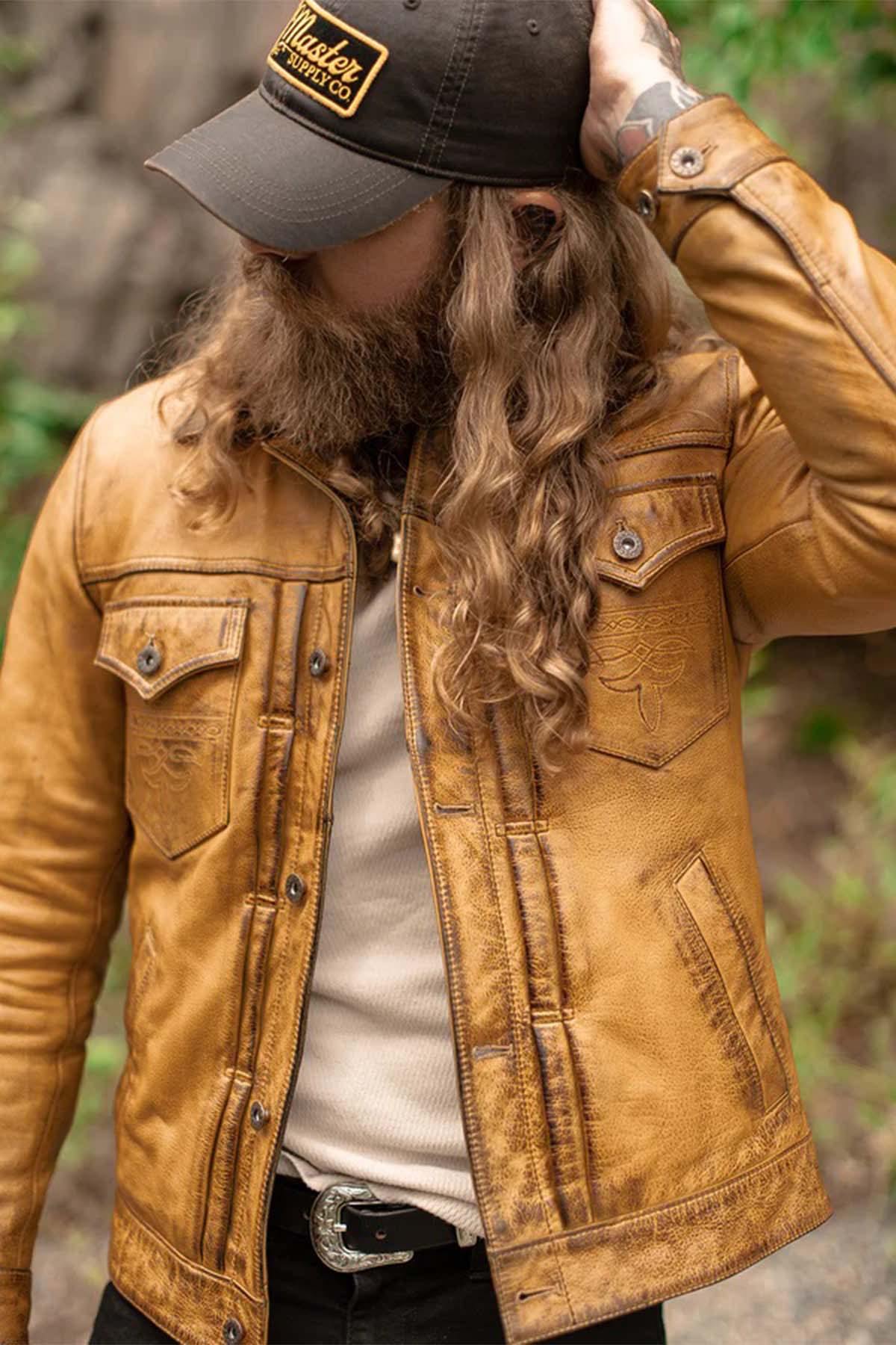 Vintage golden brown leather trucker jacket - Image n°1