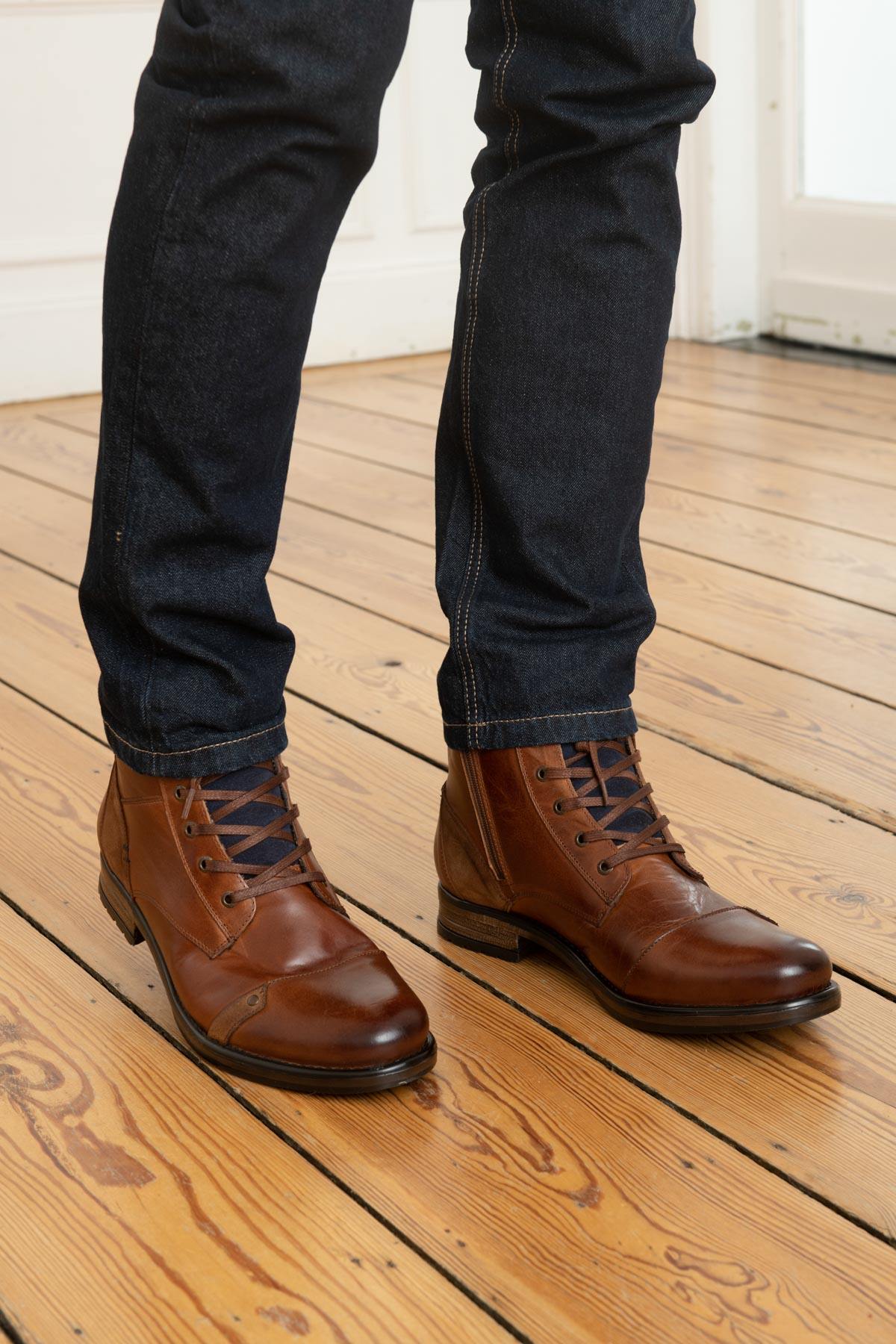 Men's navy cognac boots - Image n°2