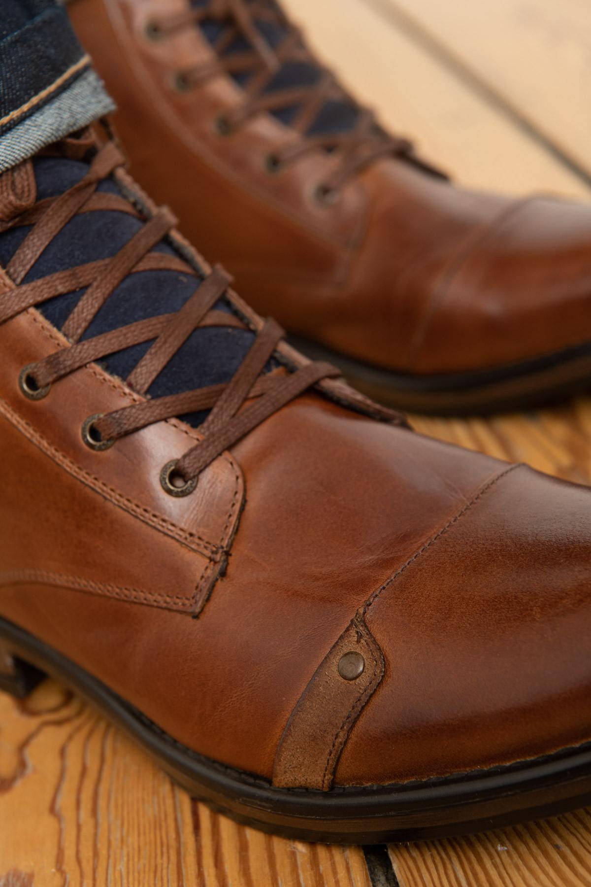 Men's navy cognac boots - Image n°4