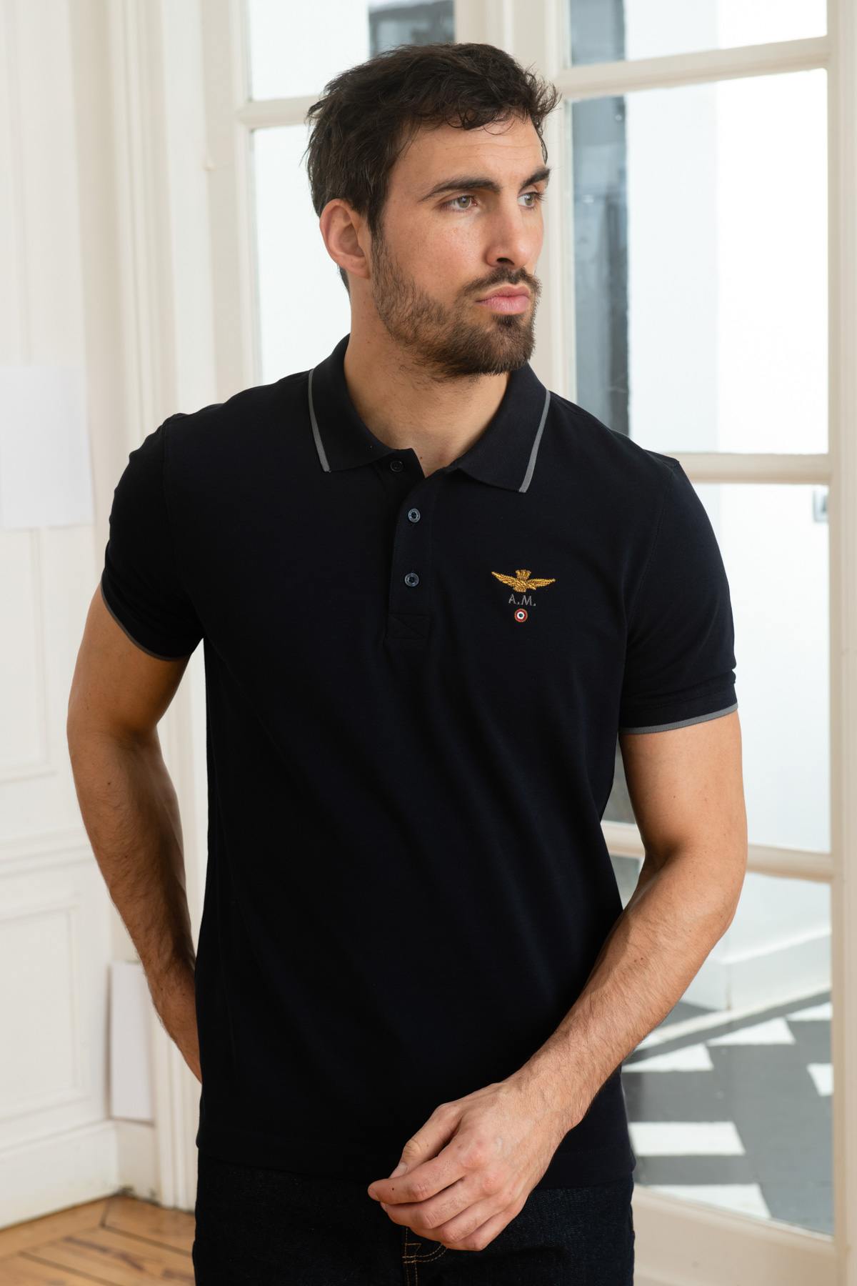 Aeronautica embroidered navy blue polo shirt - Image n°1