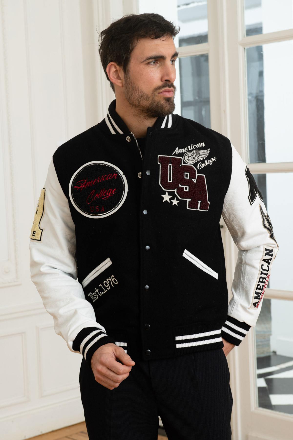 White and black American varsity jacket - Image n°3