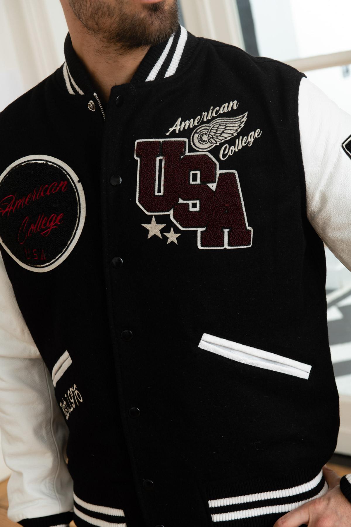 White and black American varsity jacket - Image n°8