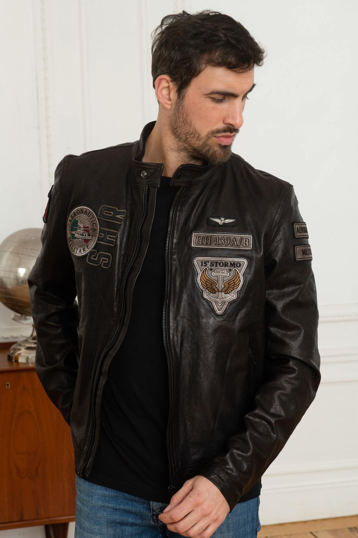 Aeronautica embroidered black sheepskin leather jacket - Image n°1