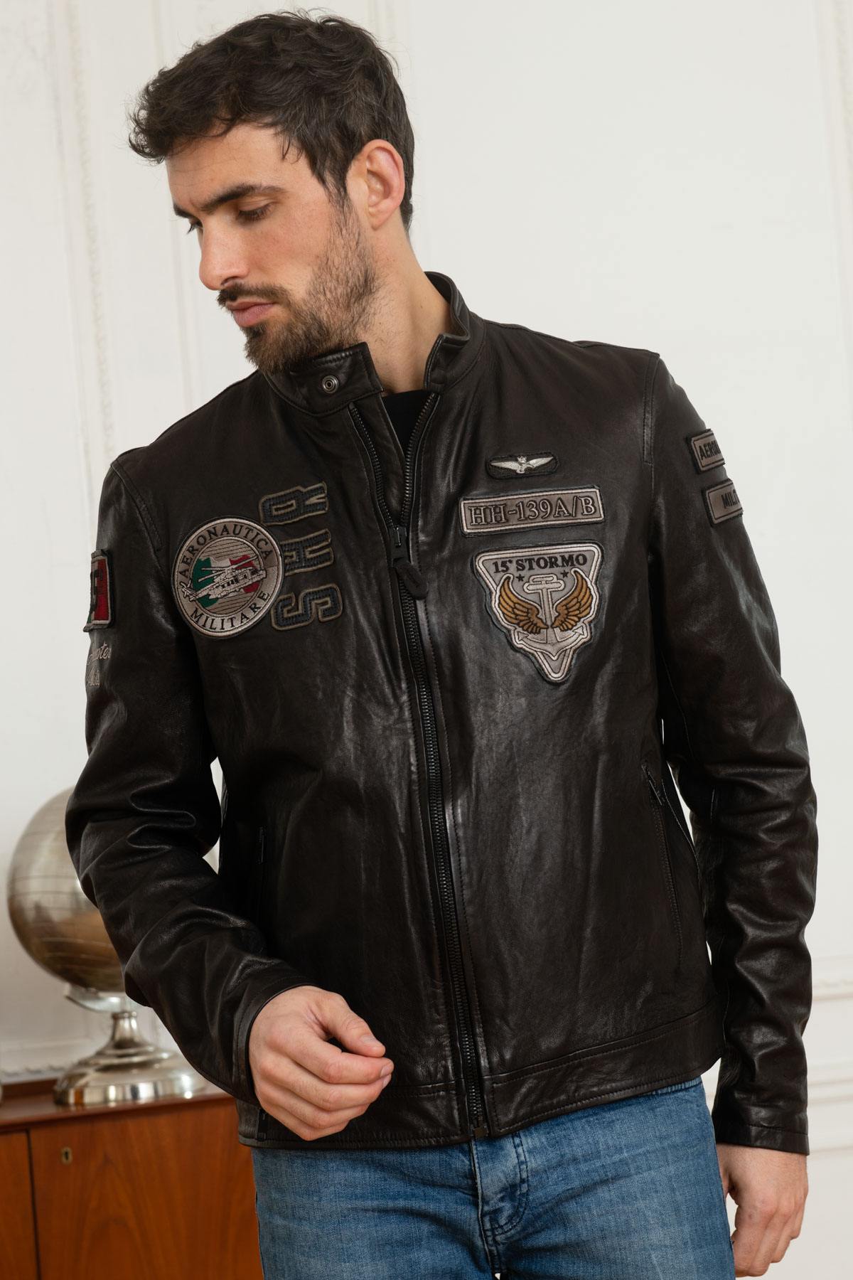 Aeronautica embroidered black sheepskin leather jacket - Image n°3