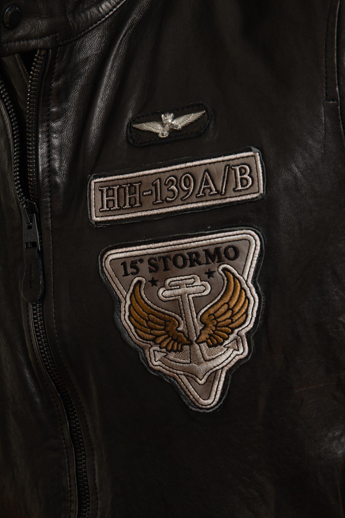 Aeronautica embroidered black sheepskin leather jacket - Image n°6