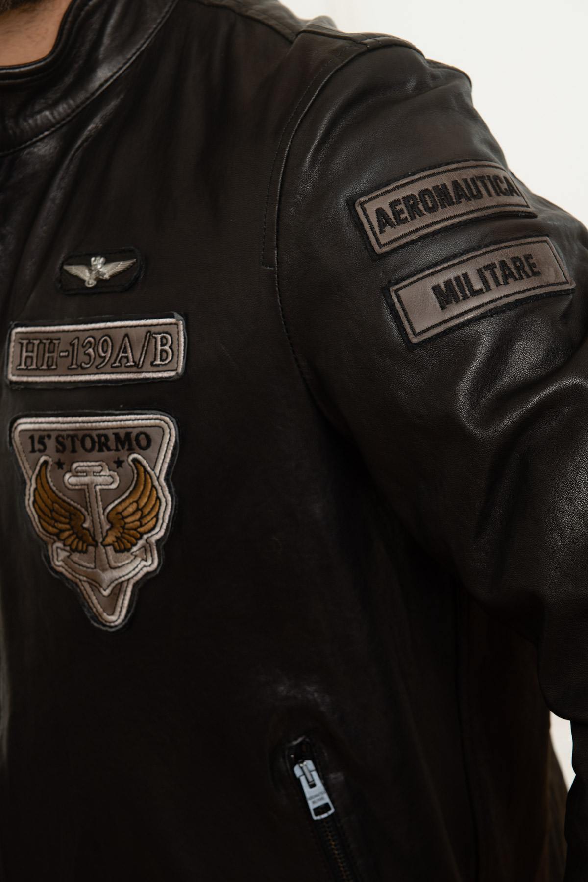 Aeronautica embroidered black sheepskin leather jacket - Image n°7