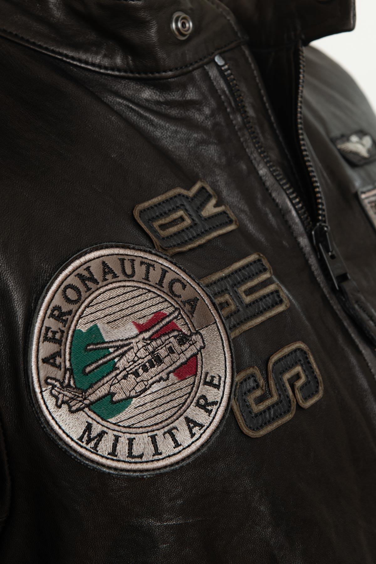 Aeronautica embroidered black sheepskin leather jacket - Image n°8