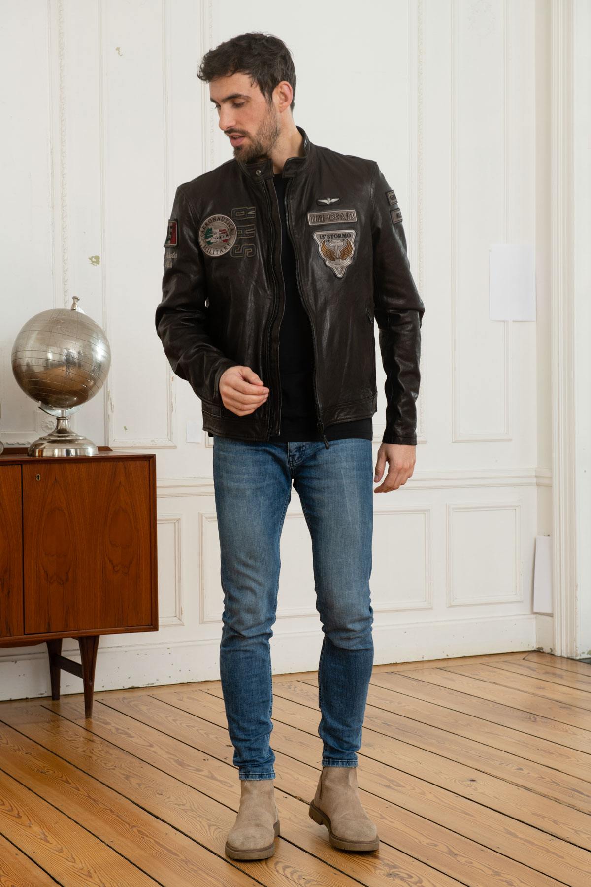 Aeronautica embroidered black sheepskin leather jacket - Image n°2