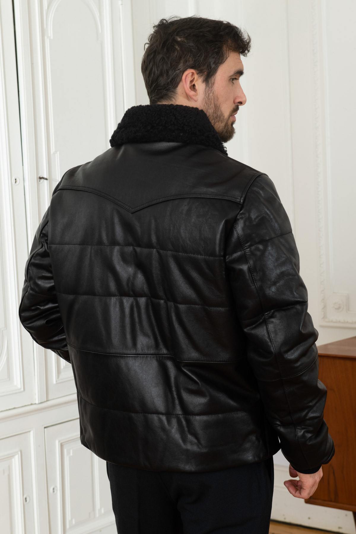 Cowhide leather down jacket with sheepskin collar - Image n°5