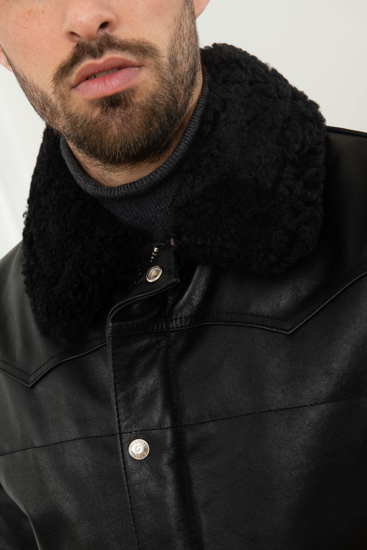 Cowhide leather down jacket with sheepskin collar - Image n°6