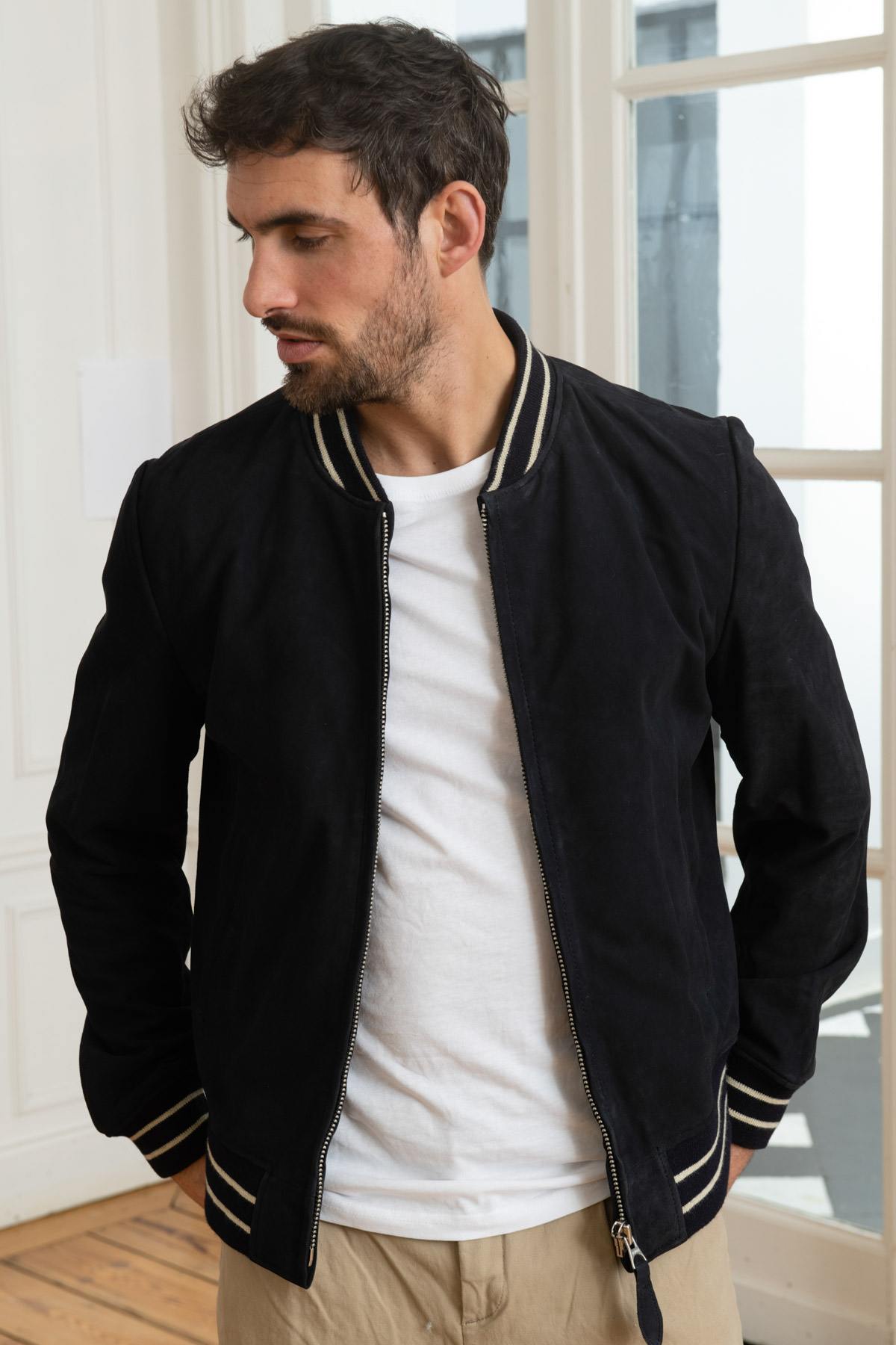 Navy blue suede goatskin leather bomber jacket - Image n°1