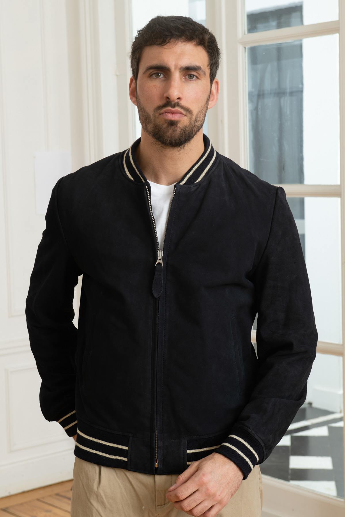 Navy blue suede goatskin leather bomber jacket - Image n°3