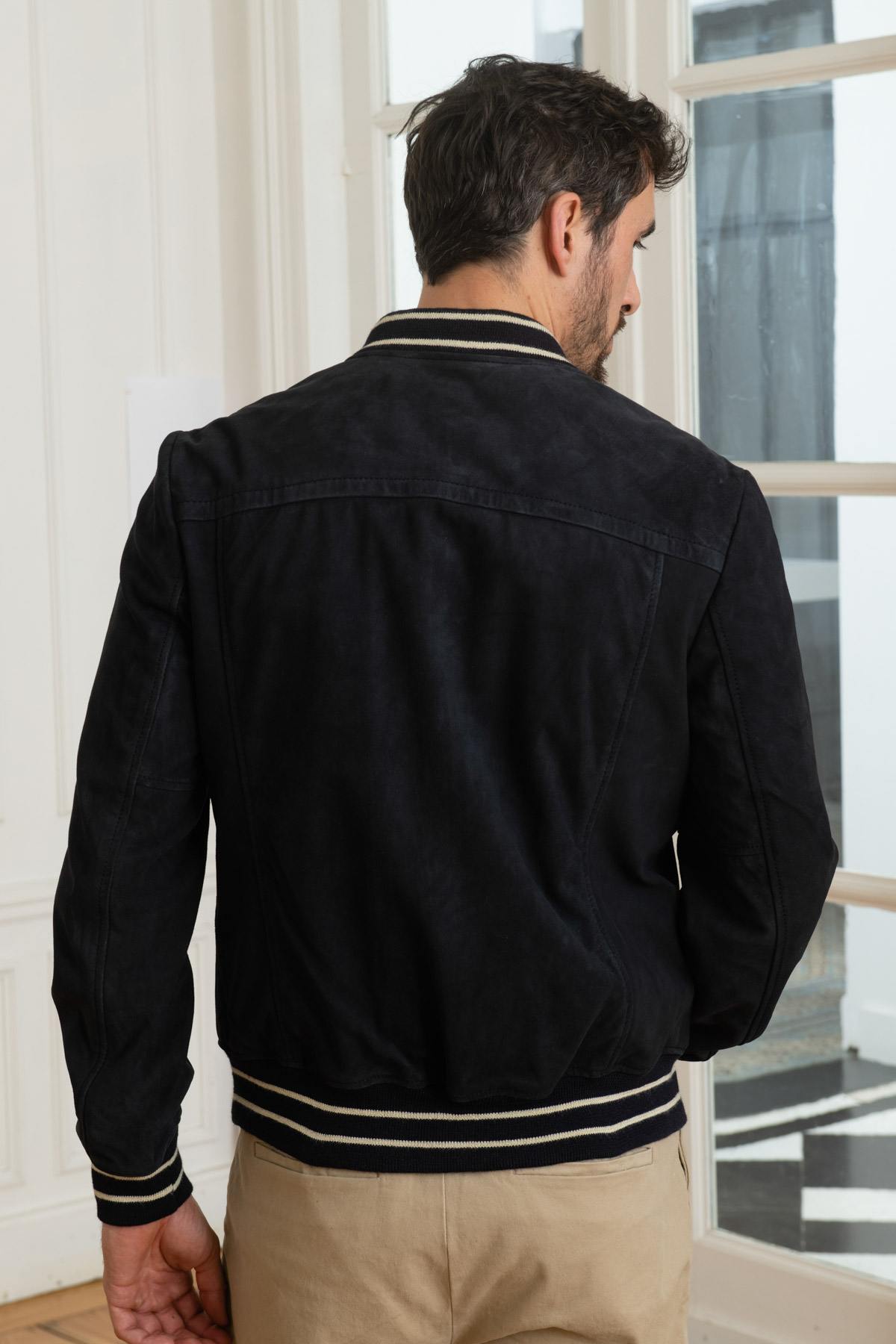 Navy blue suede goatskin leather bomber jacket - Image n°5