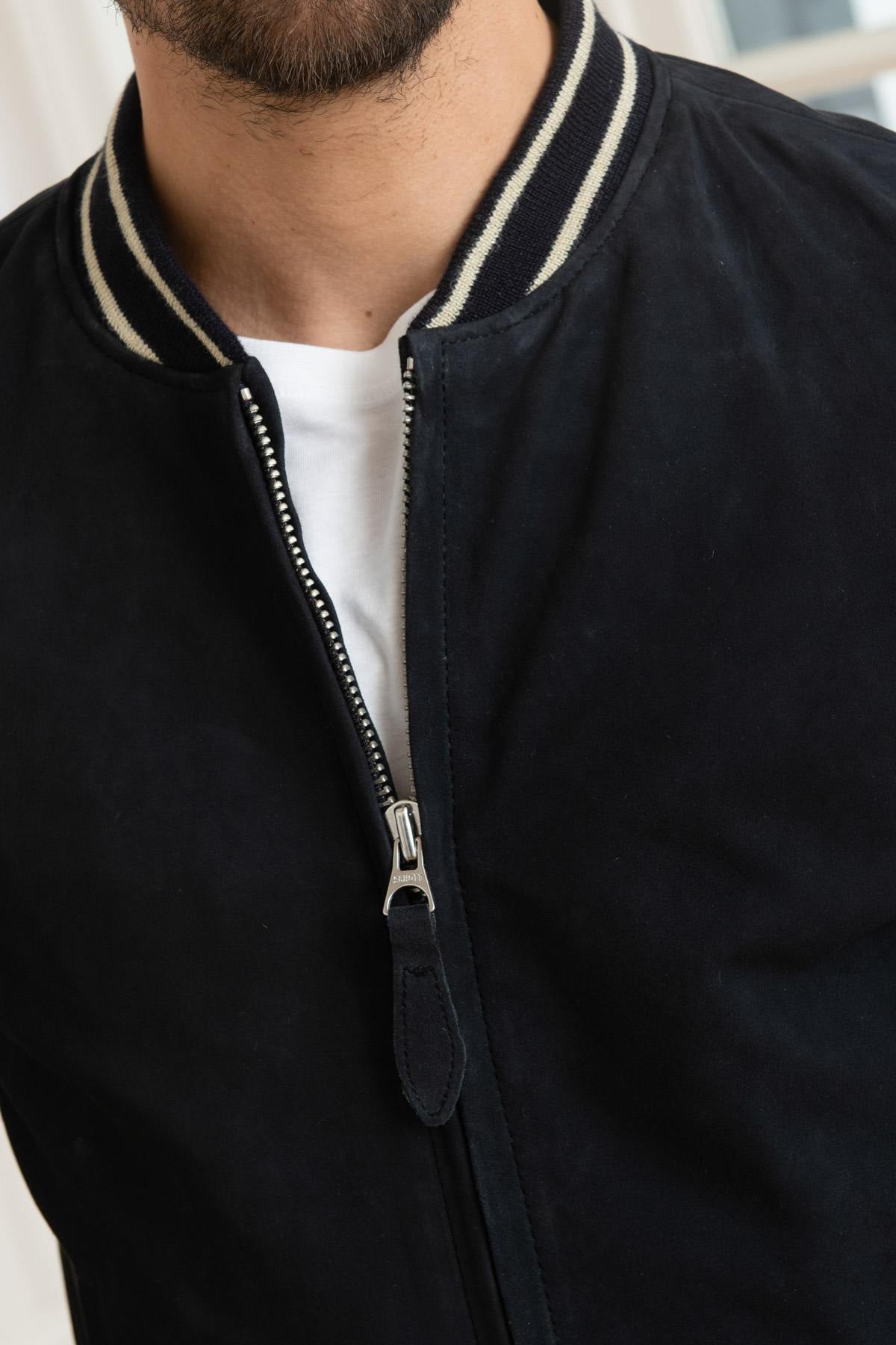 Navy blue suede goatskin leather bomber jacket - Image n°6