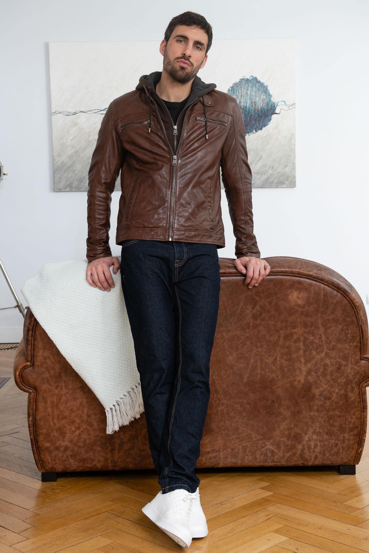 Brown leather jacket with hood - Image n°7