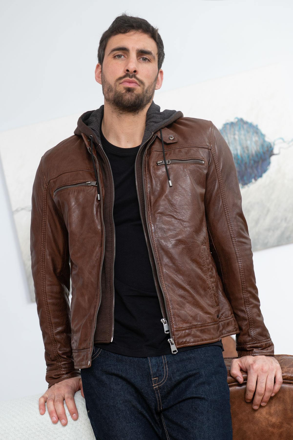 Brown leather jacket with hood - Image n°1