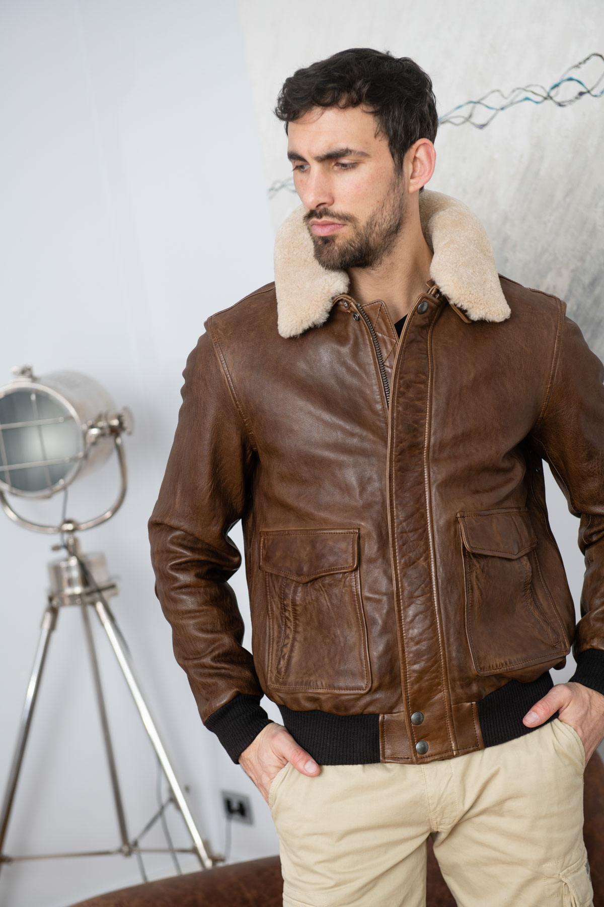 Men's brown sheepskin leather aviator - Image n°4