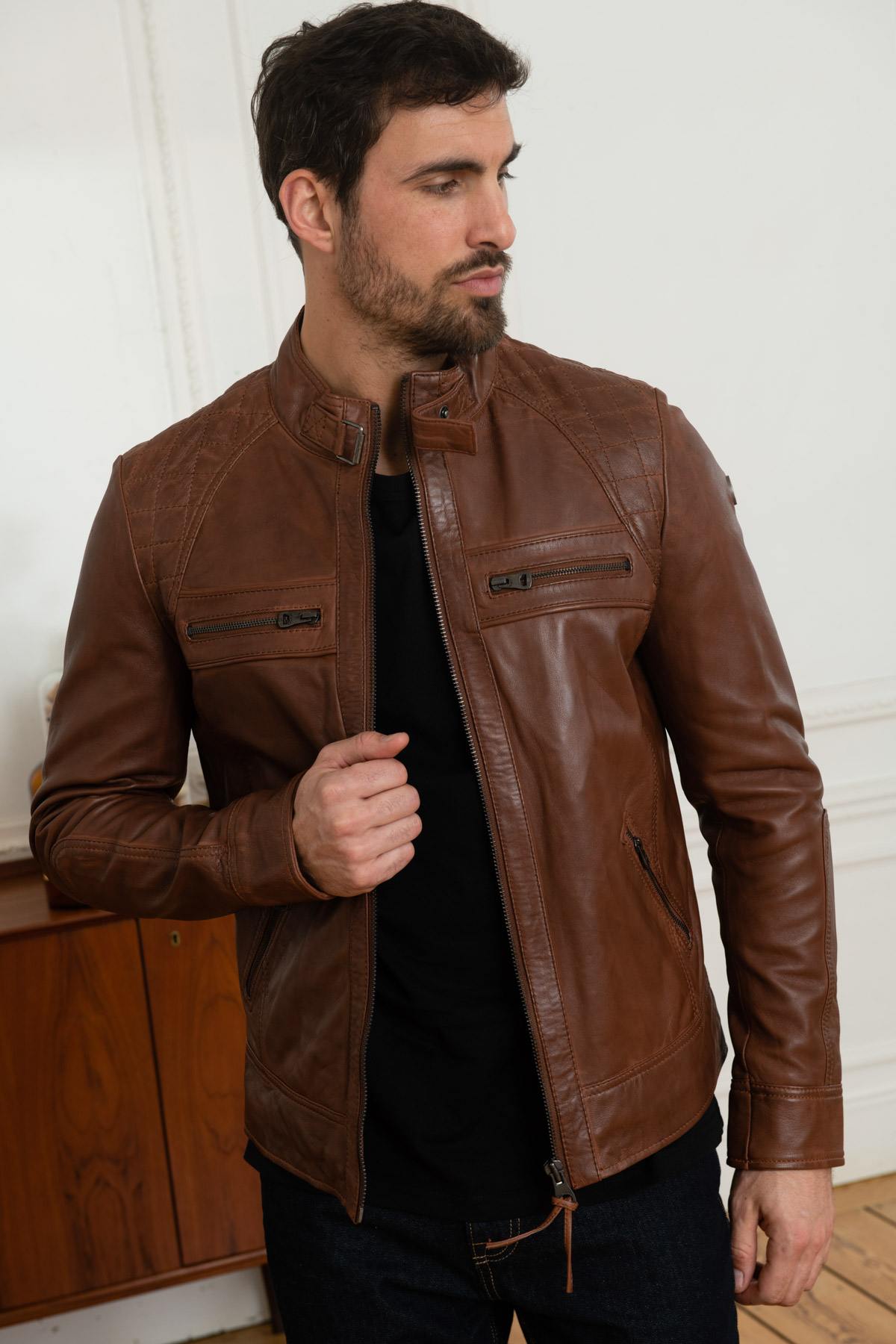 Fashionable cognac redskins leather jacket - Image n°4