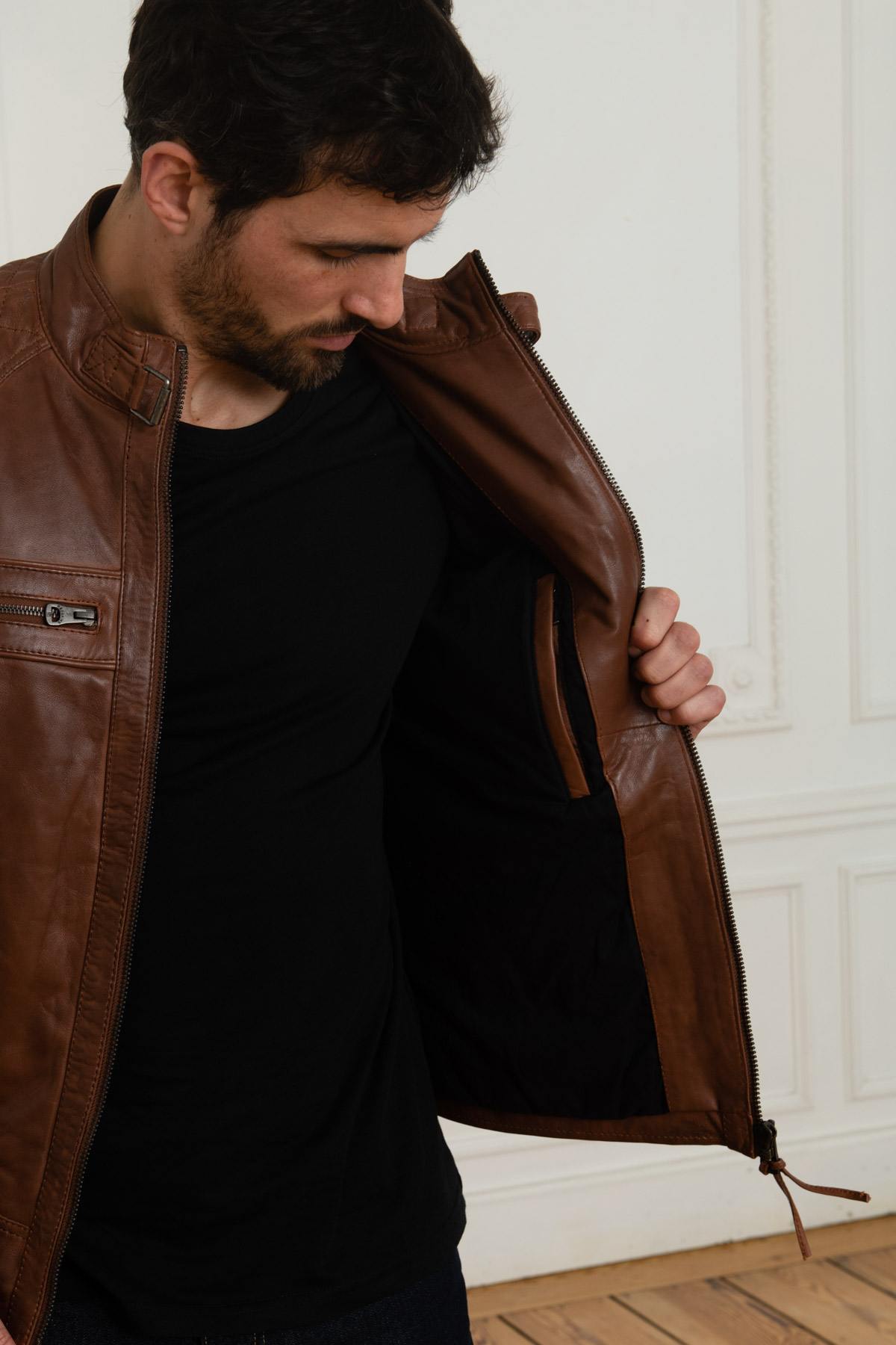 Fashionable cognac redskins leather jacket - Image n°7