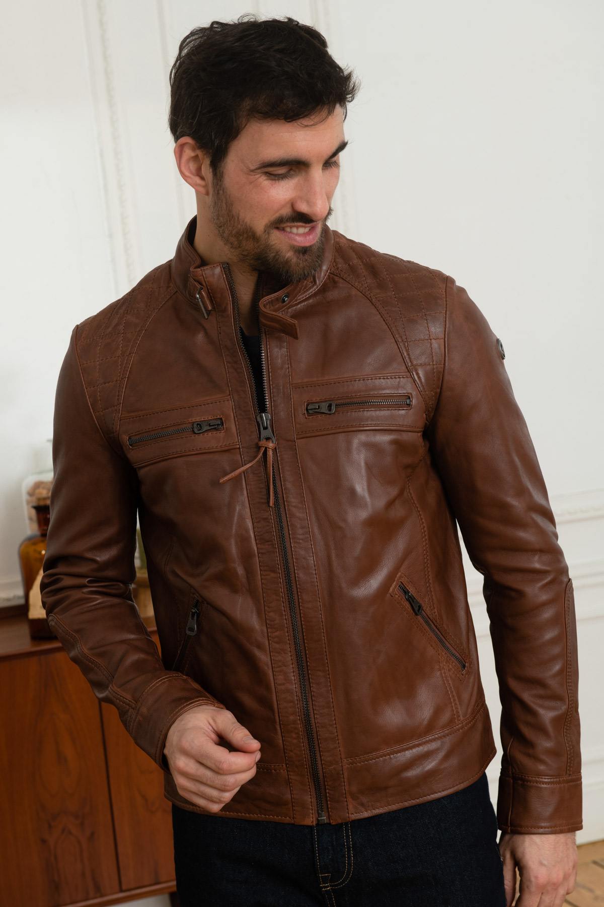 Fashionable cognac redskins leather jacket - Image n°5