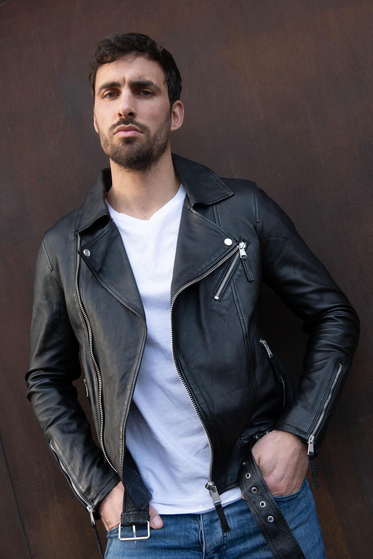 Black sheepskin Biker Jacket - Image n°1