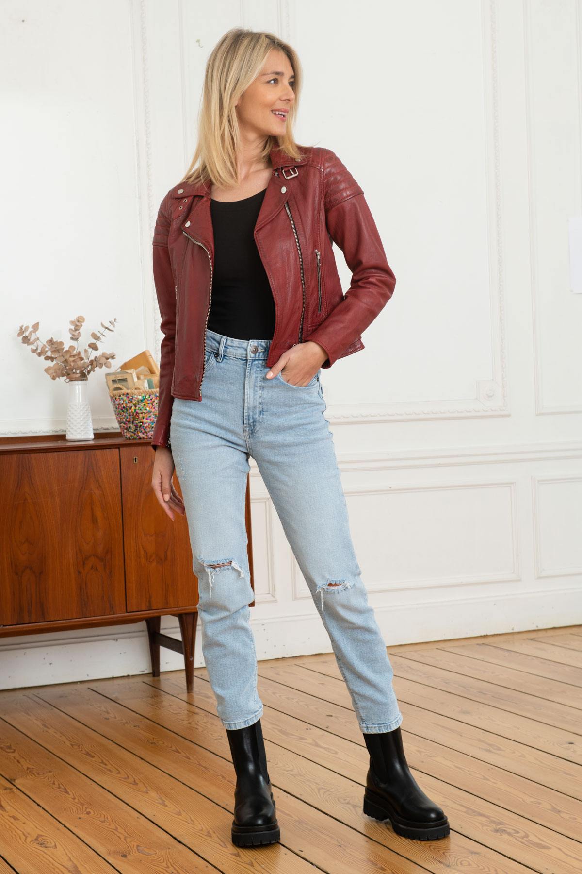 Women's Biker Jacket in red sheep leather - Image n°2